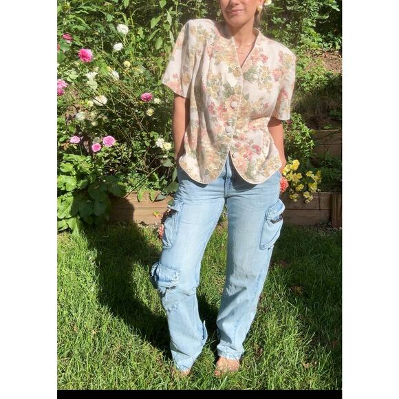 80s Leslie Fay Linen Blend Floral Jacket Blazer Grandmacore Vintage - Picture 7 of 8